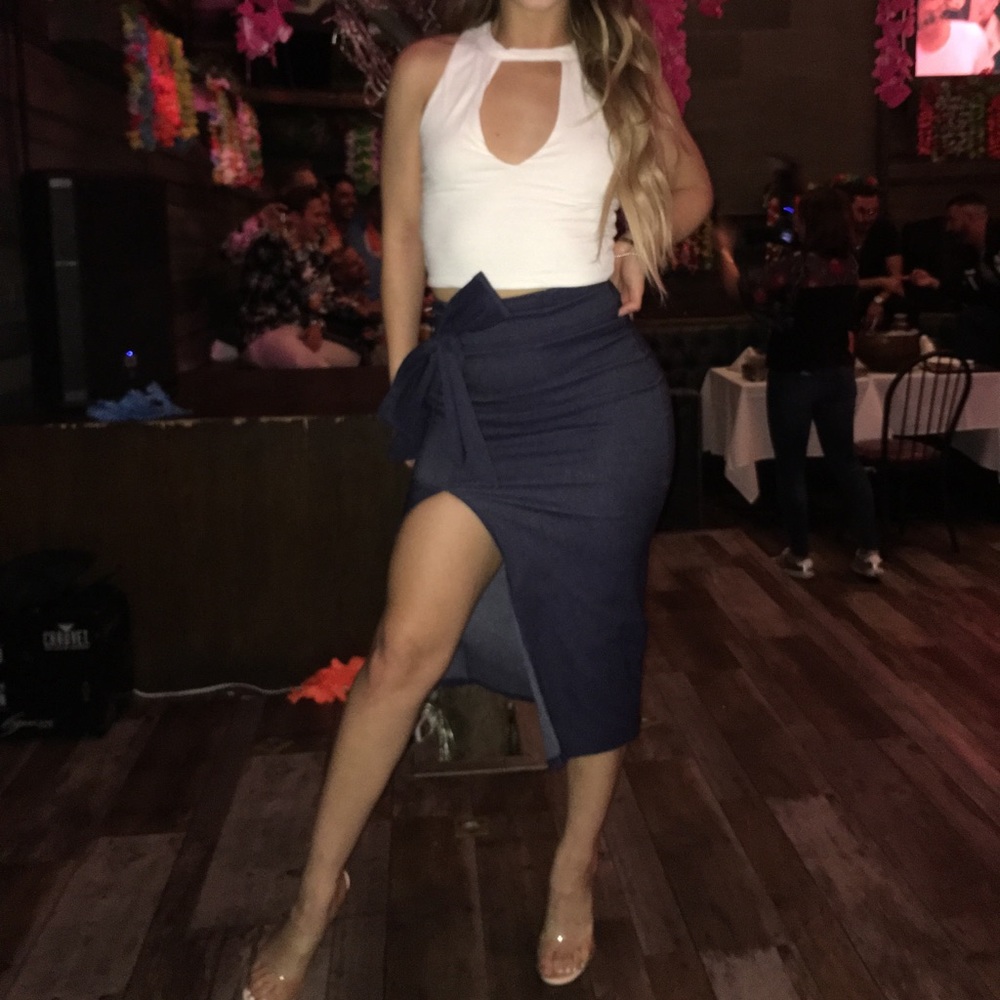 Naked Wardrobe midi jean skirt with high side slit